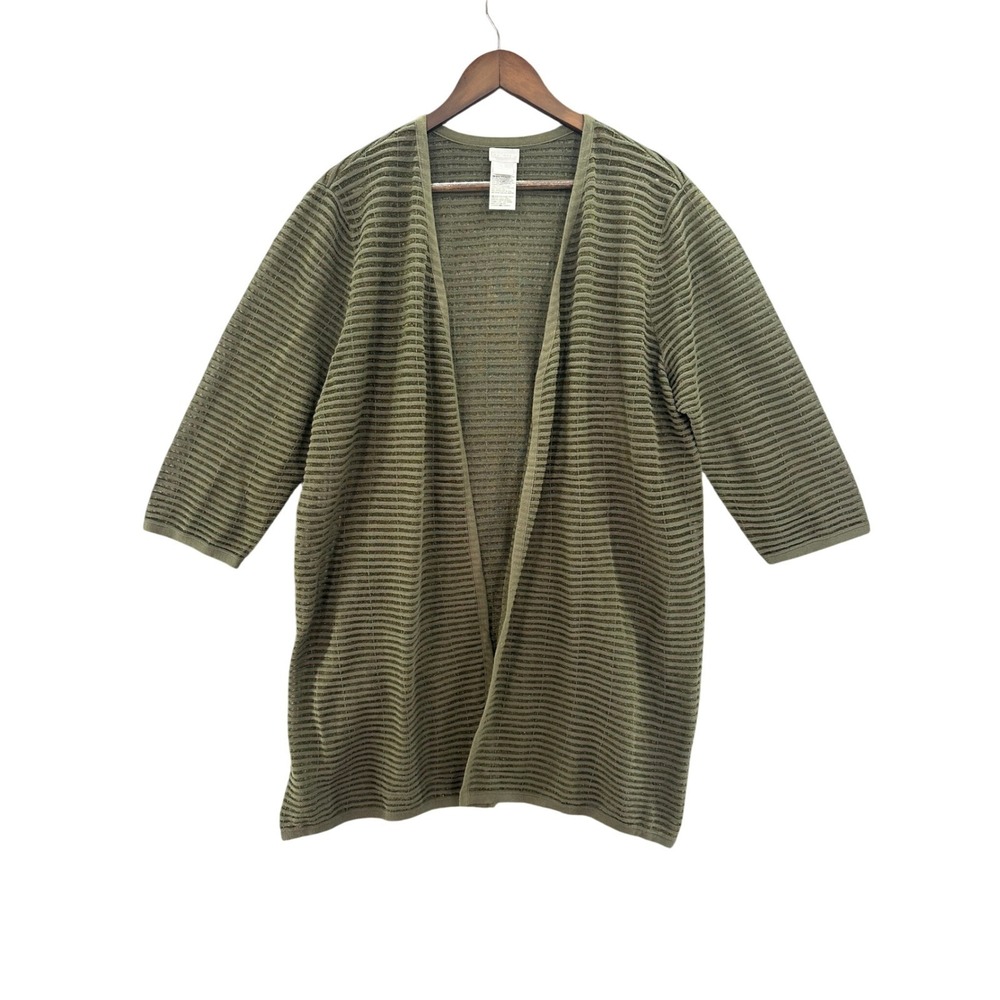 Chico's Cardigan Women Size 2 Large Olive Green Excellent Metallic Ribbed Knit